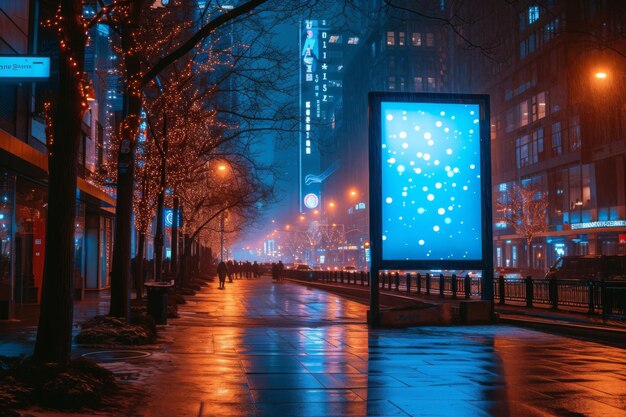 Een stadsstraat's nachts met een groot scherm op de stoep