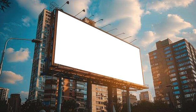 Foto een stadsstraat's nachts met een groot wit billboard op de achtergrond door een door ai gegenereerde afbeelding