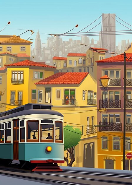 een stadsstraatbeeld met een trolley en een gebouw met een rood dak.