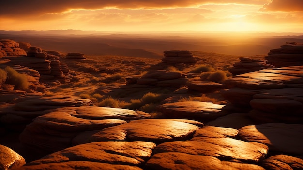 Een stalen hemel over een rotsachtige woestijn Fantastic landschap met mysterieuze formaties op een woestijn planeet Creatieve AI gegenereerd