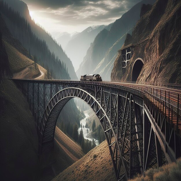 Een stalen spoorwegbrug over de Hells Canyon leidt naar een bergtunnel