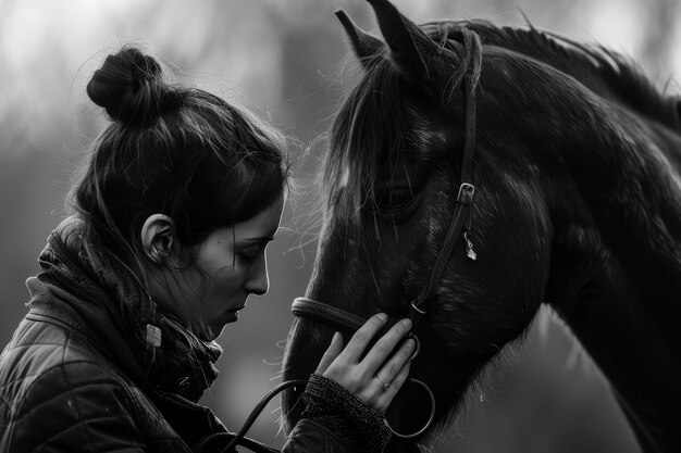 Foto een stalman is een paard aan het aaien