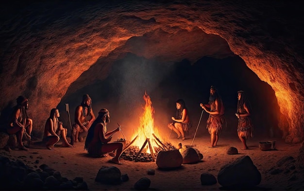 Een stam primitieve mensen verzamelde zich rond een vuur in een grot