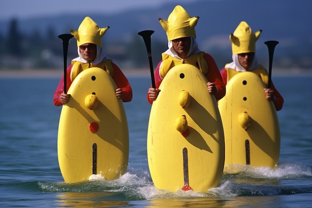 Een stand-up paddleboarding evenement met bananen als thema.