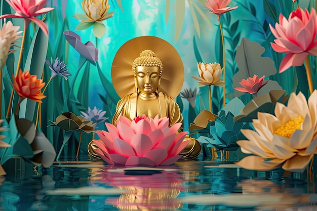 een standbeeld van boeddha met lotusbloemen op de achtergrond