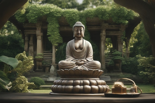 een standbeeld van boeddha staat voor een gebouw.