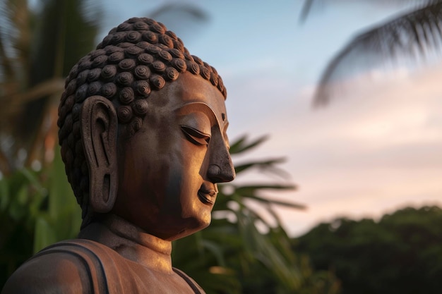 Een standbeeld van Boeddha voor een zonsondergang