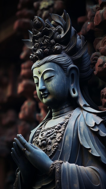 Een standbeeld van Boeddha zit op een stenen muur.