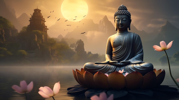 een standbeeld van een boeddha zittend op een lotusbloem in een waterlichaam