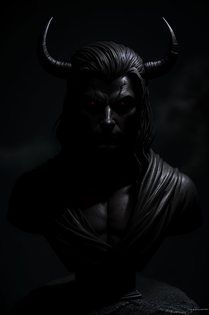 Een standbeeld van een demon met rode ogen staat in het donker.