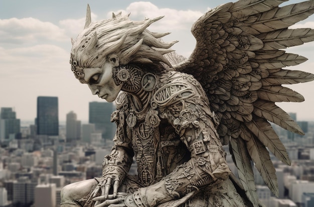 Een standbeeld van een gevleugelde engel staat op een dak met een stad op de achtergrond