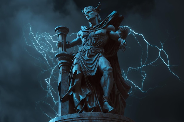 Een standbeeld van een god met een onweer erachter