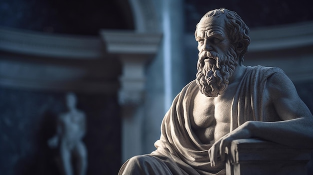 Een standbeeld van een Griekse filosoof met op de achtergrond een standbeeld van de god van de wijsheid.