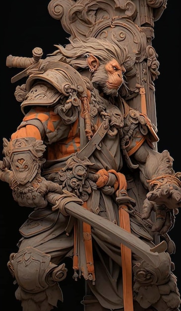 Een standbeeld van een krijger met een zwaard in zijn hand.