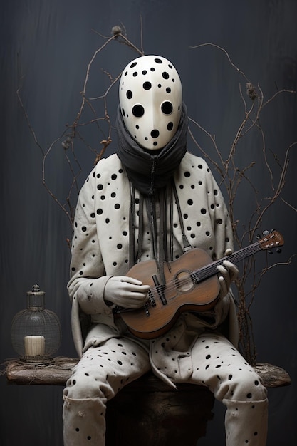 Foto een standbeeld van een man die gitaar speelt met een gitaar en een kaars op de achtergrond.