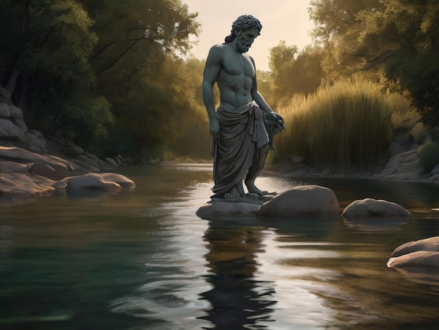 een standbeeld van een man in het water met de zon achter hem