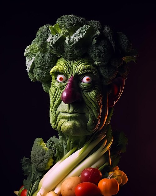 Foto een standbeeld van een man met broccoli op zijn hoofd