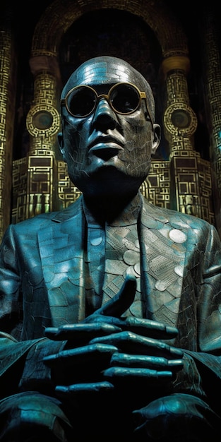 Een standbeeld van een man met een bril en een bord met de tekst 'de man is een man'