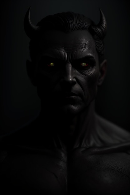 Een standbeeld van een man met groene ogen en een zwarte achtergrond.