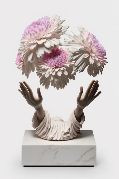 Een standbeeld van een persoon die bloemen boven zijn hoofd houdt AI generatief