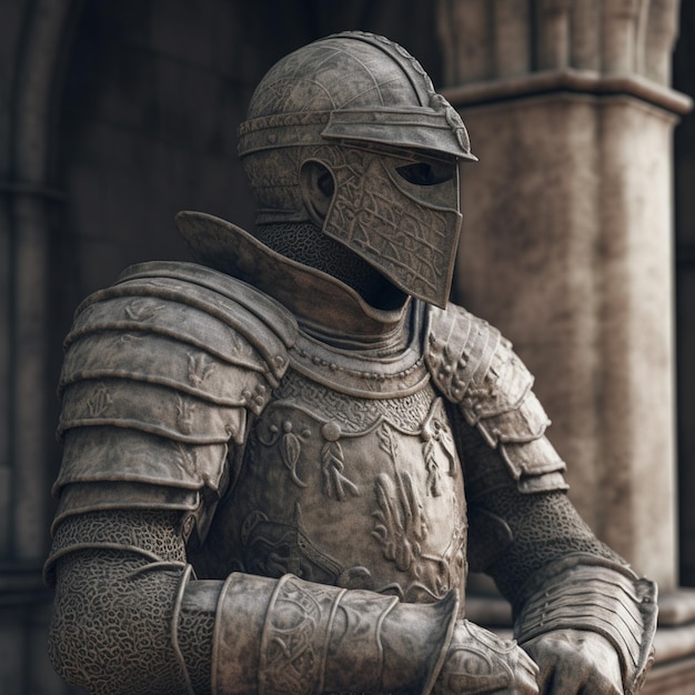 Een standbeeld van een ridder met een zwaard in zijn hand.