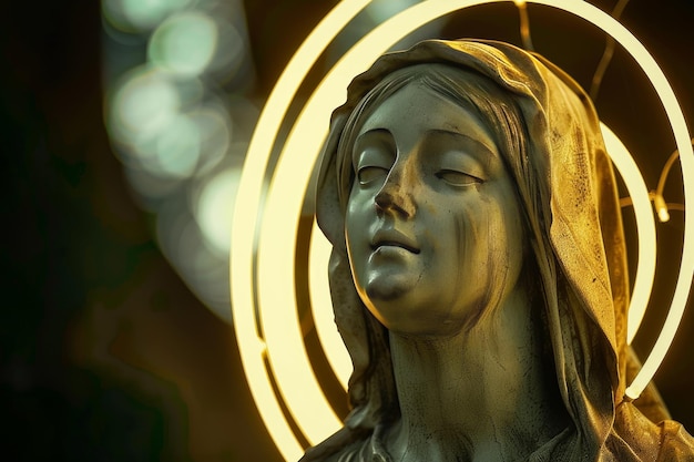 Een standbeeld van een vrouw met een gouden halo op haar hoofd