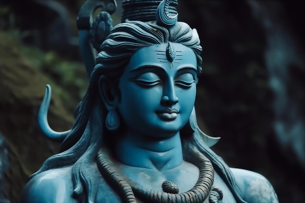 Een standbeeld van shiva met een blauw gezicht en het woord shiva erop