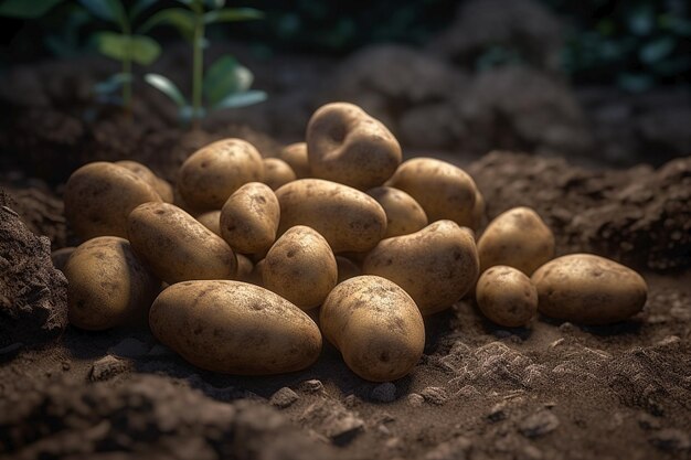 Een stapel aardappelen op een bodem met de woorden