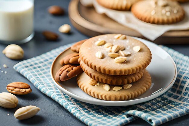 Een stapel amandelkoekjes op een bord met amandelen ernaast.