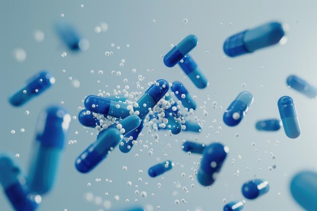 Een stapel antibiotica pillen blauwe capsules vallen Healthcare en medische 3D achtergrond