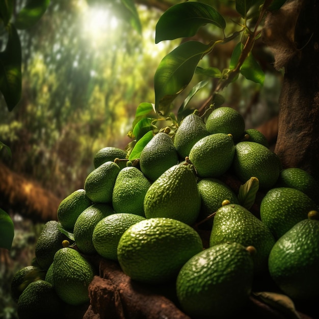 Een stapel avocado's zit op een boomstam.