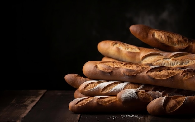 Een stapel baguettes op een donkere achtergrond.