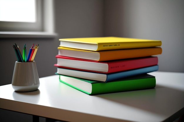 Een stapel boeken close-up op een studie bureau Vooraanzicht stapel boek Stapel kleurrijke boeken op studie tafel