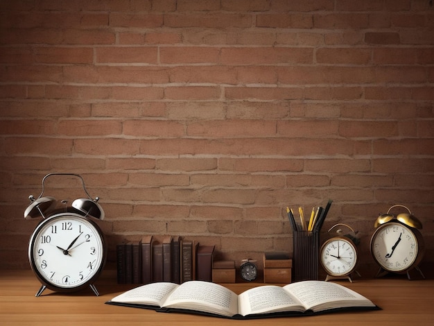 Een stapel boeken en een zwarte wekker op de achtergrond van een schoolbord