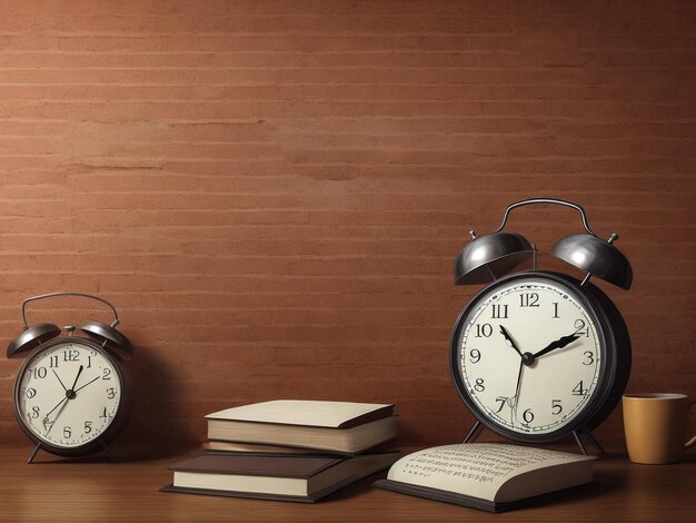 Een stapel boeken en een zwarte wekker op de achtergrond van een schoolbord
