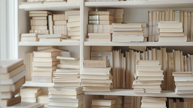Een stapel boeken in een bibliotheek.