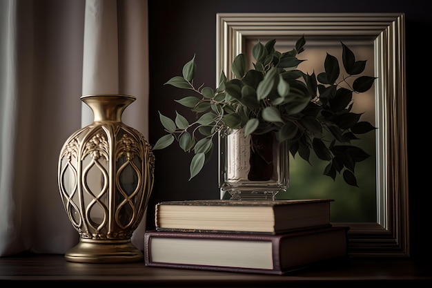 Een stapel boeken met daarop een vaas met bloemen