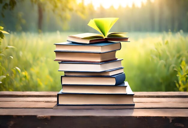 Foto een stapel boeken met een groen blad er bovenop