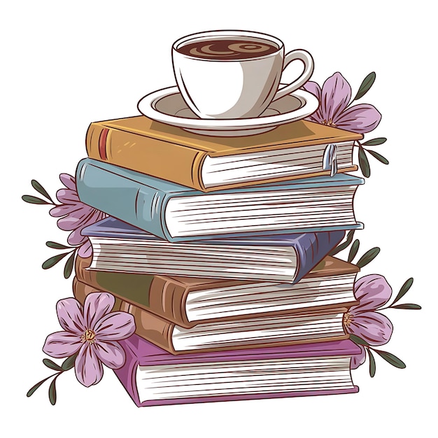 een stapel boeken met een kop koffie