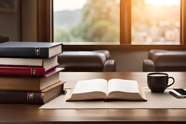 Een stapel boeken met een kopje koffie op tafel