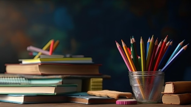 Een stapel boeken met een kopje potloden op tafel