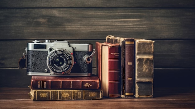 Een stapel boeken met een rode omslag en een camera erop.