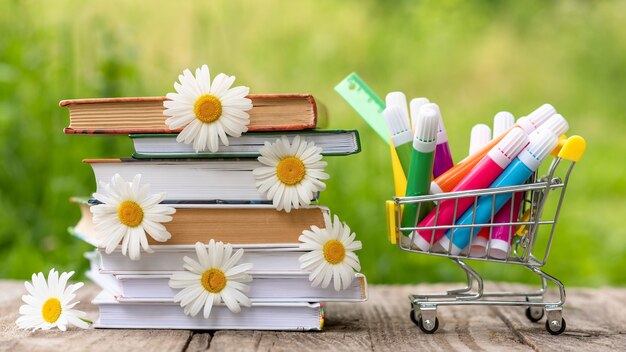 Een stapel boeken met stiften in de frisse lucht.