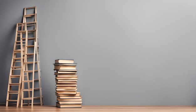 een stapel boeken op een tafel met een grijze achtergrond