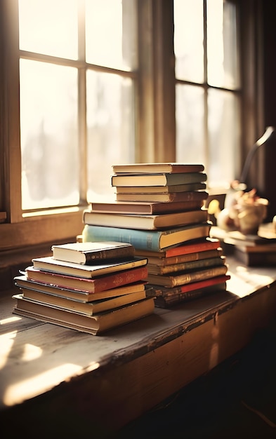 Een stapel boeken staat op een vensterbank, met de zon die door het raam schijnt.