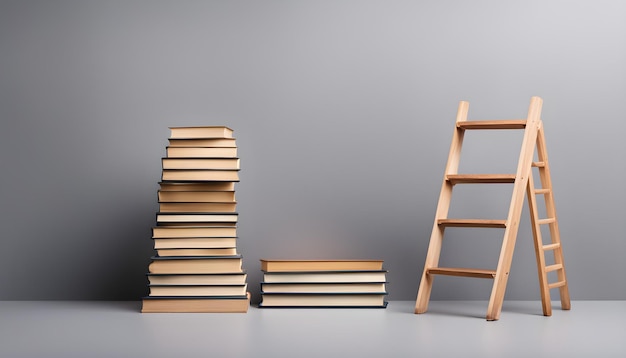 een stapel boeken waarvan er een een ladder is en een ladder op een tafel