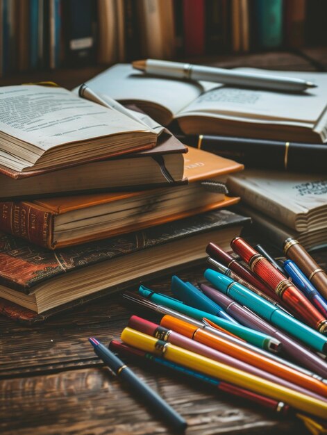 Een stapel boeken zit op een rustieke houten tafel en creëert een boeiend beeld van literaire overvloed