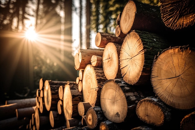 Een stapel boomstammen in een bos met de zon die door de bomen schijnt