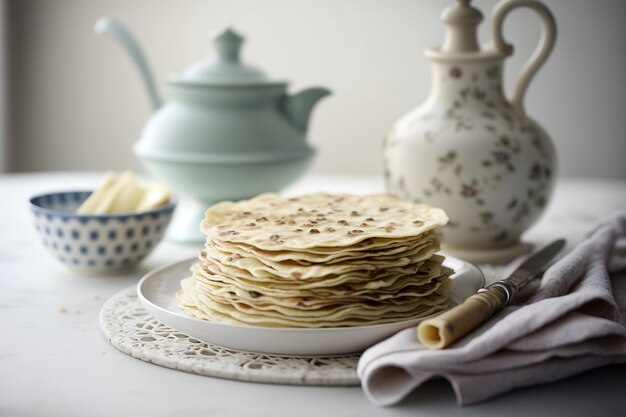 Een stapel brood op een bord met op de achtergrond een theepot.