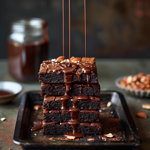 Een stapel brownies met chocolade bovenop.